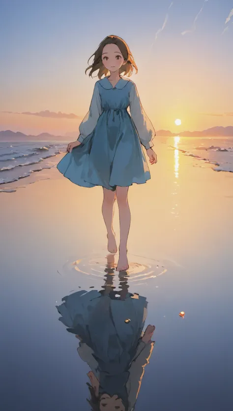 masterpiece, highest quality, movie stills, 1 girl, Sky reflected on the sea surface、mirror-like water surface、Reflective water surface、I can see the ankle、Barefoot、Sunset、beautiful sky, close, bright, Happy, warm and soft lighting, sunset, (spark:0.7)
