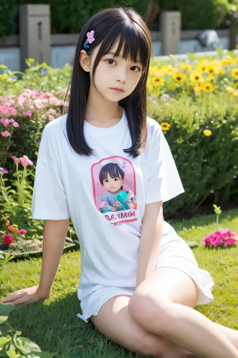 8K,Japanese,10 years old,innocent face,teenage girl,cute,T-shirt,everyday wear,sitting,black hair,flower garden,hair clip,