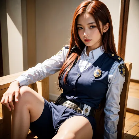 (1 Girl Solo, 1 policewomen, Red Hair, Long Hair, Police uniform:1.4), ((anatomically correct)), (Futuristic Portrait England Girl Police Uniform), (Close-Up:1.2) no futuro telhado de luz neon, SSCI - FI e Fantasia, intrincado e muito bonito e elegante, al...