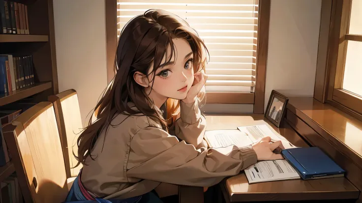 (best quality,4k,high res,masterpiece:1.2),ultra-detailed, realistic, anime, portraits, professional, vivid colors, Rear view of a Japanese woman studying at her desk, long brown hair, blue sweater, brown desk color