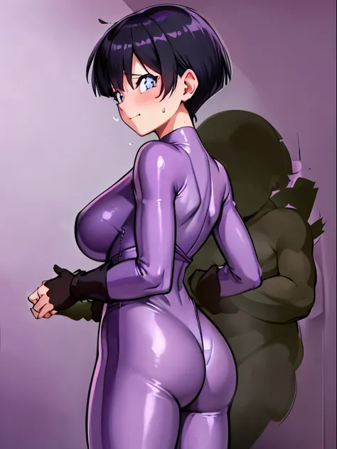 videl,1 girl,alone,((Purple tight suit,:1.5)),barefoot,big breasts,butt,smile,laughter,blush,bare hands,best image quality,highest quality,((1 girl:1.4)),please open your mouth wide,black hair,blue eyes,視聴者にbuttを見せる,pleasure,Feels good,Looks happy,saliva,t...