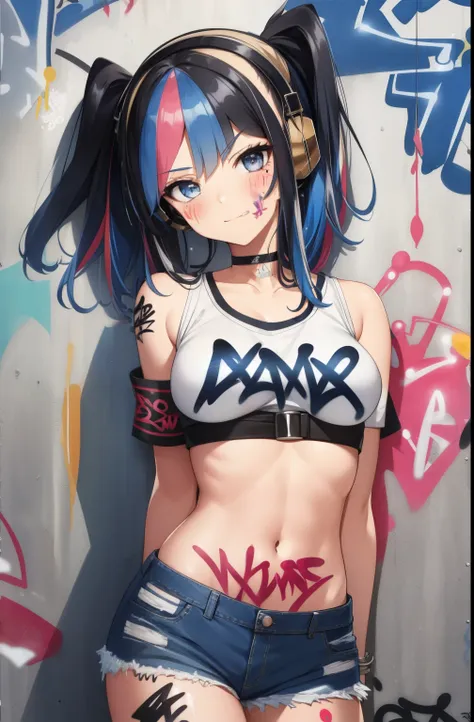 masterpiece, best quality, 1girl, solo, crop top underboobs , denim shorts, choker, (graffiti:1.5), paint splatter, arms behind ...