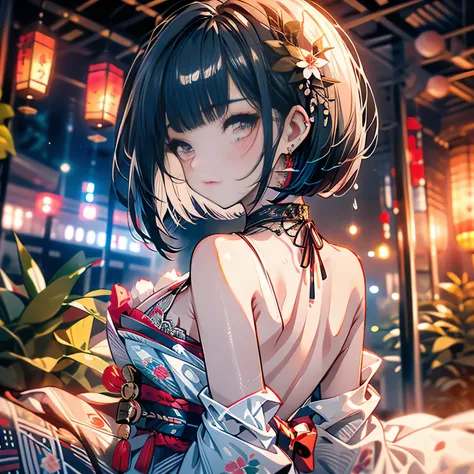 ((Butts toward the viewer)), (looking back at the viewer), ((1girl,cute,japanese,young,short beautiful black hair,bob cut,blunt bangs,beautiful black eyes)),(solo),(japanese beautiful floral kimono,yukata),((topless)),(Looking back, butts focus, Lying on t...