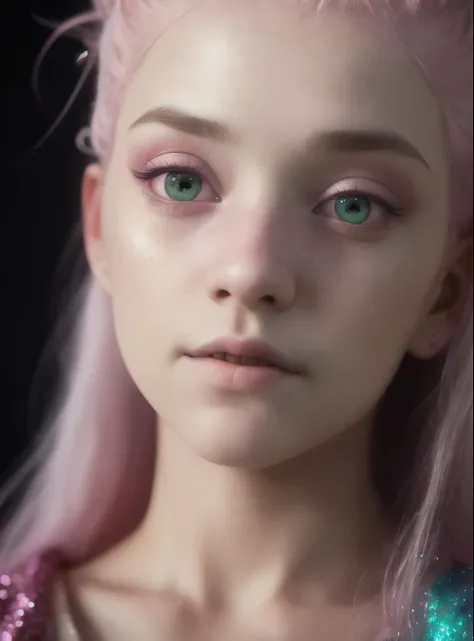 a close up of a woman with pink hair and glitter on her face, soft portrait shot 8 k, highly detailed vfx portrait, highly detailed vfx portrait of, artem demura beeple, 8k portrait render, hyperrealism. fantasy 4k, cgsociety 8k, cgsociety 8 k, cgsociety 8...