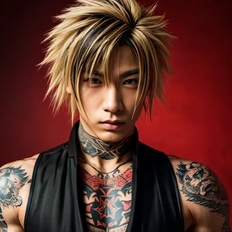 1 man, Japanese man, male, Asian eyes, muscular, broad shoulders, yakuza tattoos, hairstyle Visual Kei style, hair Visual Kei, black mens shirt and black pants, ultra detailed face, hyperrealistic, realistic representation, long hair, long hair, 30 years o...