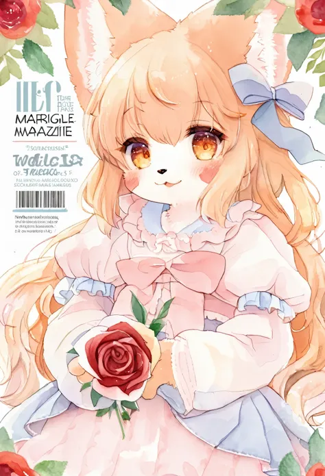 cover page, marriage information magazine, Watercolor elements, 1girl, kemono, furry, detailed body fur, animal face, animal hand, cute girl holding a red rose and looking at viewer,