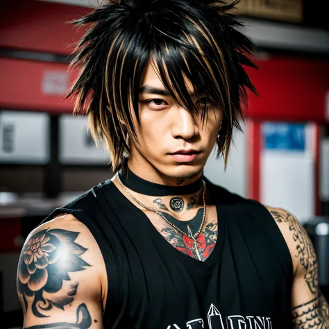 1 man, Japanese man, male, Asian eyes, muscular, broad shoulders, yakuza tattoos, hairstyle Visual Kei style, hair Visual Kei, black mens shirt and black pants, ultra detailed face, hyperrealistic, realistic representation, long hair, long hair, 30 years o...