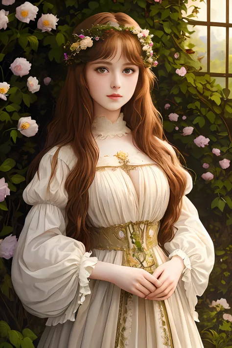 「In the Pre-Raphaelite masterpiece、Very beautiful young fantasy princess standing in flower garden、Shines with photorealistic and dreamlike effects in backlight。Her brown hair is soft and backlit、Her sheer dress offers a glimpse of cleavage。Arch completes ...