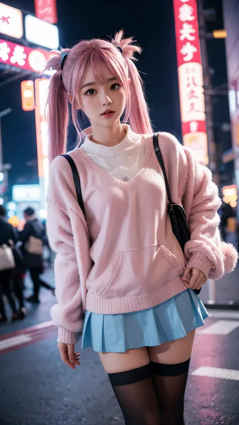 KokoaAisu, 1girl, blue skirt, blurry, blurry background, blurry foreground,   day, depth of field, photo background, thighhighs, town, tree, zettai ryouiki, short twintails, pink hair, tokyo (city), japan, shop, night, night sky, 
masterpiece, best quality...