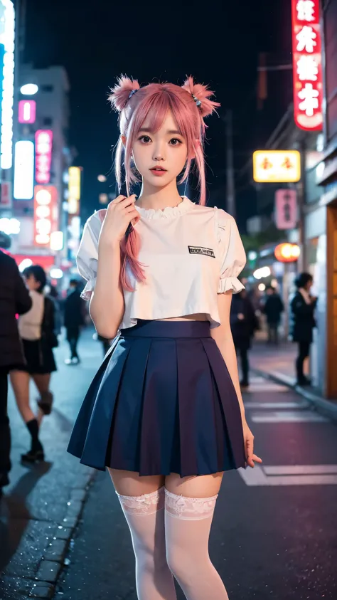 KokoaAisu, 1girl, blue skirt, blurry, blurry background, blurry foreground,   day, depth of field, photo background, thighhighs, town, tree, zettai ryouiki, short twintails, pink hair, tokyo \(city\), japan, shop, night, night sky, 
masterpiece, best quality, digital art, intricate detail,  