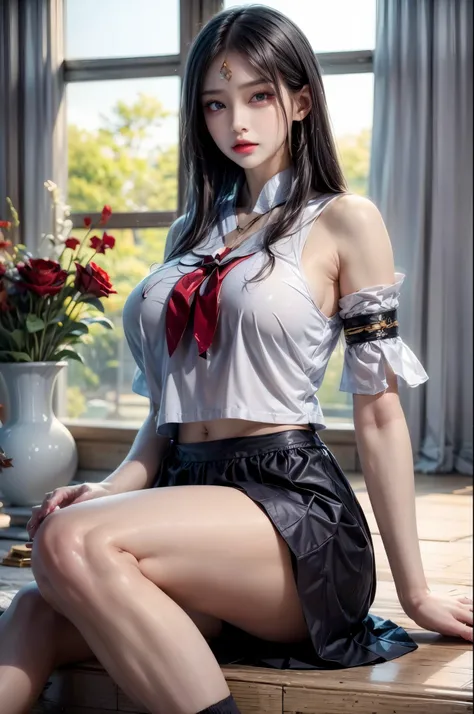 realistic, 1gril, per HD, 12k, wearing Allstars shoes, slim body, rather big body, six pack body, big round breasts, no clothes, beautiful breasts, looking at the camera, sitting on the sofa, long black hair, facial details, detailed person, body details, ...