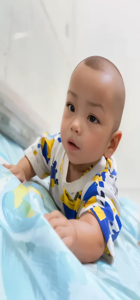 There is a little boy sitting on the build,in white shirt, soft portrait shot 8K, cute digital painting, boy is bald, short hair, 8K portrait rendering, pout look:: octane rendering, young children, little boy, Cheng Yanjun, boy hair, asian boy detailed fa...