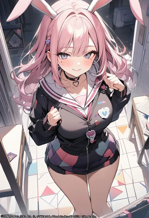 ,beautiful flower々）,mole under eye, heart shaped choker, (masterpiece, highest quality), official art, beautiful and aesthetic: 1.2), (1 girl), very detailed, (geometry art: 1.3), colorful、pink bob hair、rabbit ears、 whole body、smile、university uniform