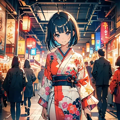 ((1girl,cute,japanese,young,short beautiful black hair,bob cut,blunt bangs,beautiful black eyes)),(solo),(japanese beautiful floral kimono,yukata),((masterpiece, highest resolution,best quality)), (beautiful illustration), (looking at the viewer), innocent...