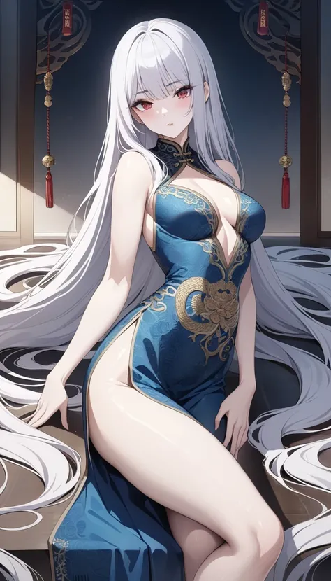 unparalleled masterpiece, ultra realistic 8k CG, perfect artwork, ((perfect female figure)), white hair, red eyes, mature female, milf, narrow waist, chinese deity, looking at viewer, seductive posture, sexy pose, alluring, clean, beautiful face, pure face...