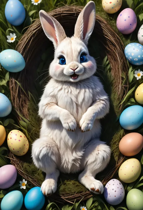 a cute and cheerful rabbit, on a meadow, lazing around, easter nest with 4 colorful easter eggs, illustration,fluffy fur, big blue eyes,playful expression,soft lighting,bright colors,highres,photorealistic