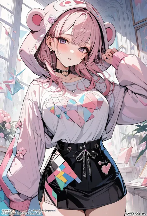 ,beautiful flower々）,mole under eye, heart shaped choker, (masterpiece, highest quality), official art, beautiful and aesthetic: 1.2), (1 girl), very detailed, (geometry art: 1.3), colorful、pink bob hair、monkey hood shirt、mini skirt