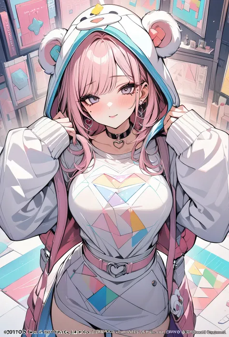 ,beautiful flower々）,mole under eye, heart shaped choker, (masterpiece, highest quality), official art, beautiful and aesthetic: 1.2), (1 girl), very detailed, (geometry art: 1.3), colorful、pink bob hair、monkey hood shirt、mini skirt