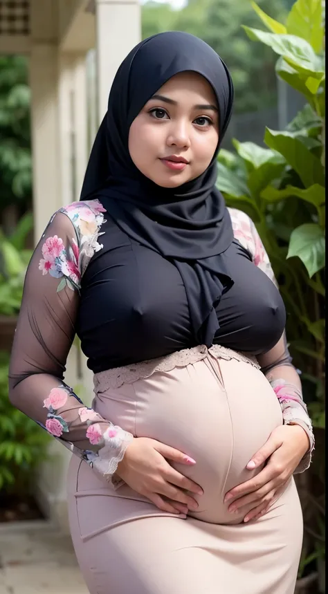 1 malay girl , modern plain hijab,  shy, medium portrait shot , watery  eyes ,droopy eyes, watery, lip glossy, sad face, ((big breast)), huge pregnant, wear java wedding woman in kebaya , (big breast) , flower garden background, bokeh background, proportio...