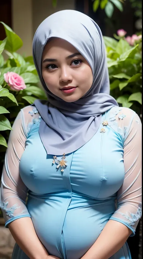 1 malay girl , modern plain hijab,  shy, medium portrait shot , watery  eyes ,droopy eyes, watery, lip glossy, sad face, ((big breast)), huge pregnant, wear java wedding woman in kebaya , (big breast) , flower garden background, bokeh background, proportio...