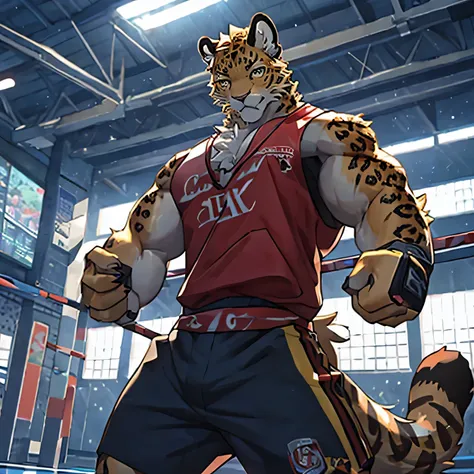 4k, actual, high detail, super detailed, Leopard，juvenile，Golden fur，Strong body，sportswear，Looking at the screen mockingly，Prepare for a fight，The background is the school gymnasium，individual。