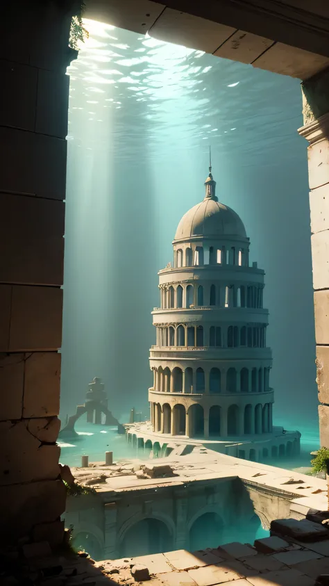 ruins of the underwater city of Alexandria, broke building, library, book, 8k, high quality 