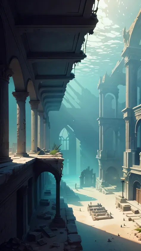 ruins of the underwater city of Alexandria, broke building, library, book, 8k, high quality 