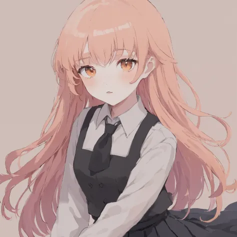 1 girl, anime style, tender, fragile, darling, white skin, light long eyes, soft pink hair, long hair, orange clothes, black tie...