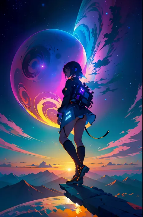 (best quality),anime, a girl standing on a cliff looking at a spiral, cyberpunk art inspired by Yuumei, trending on pixiv, space art, makoto shinkai cyril rolando, cosmic skies. by makoto shinkai, dreamy psychedelic anime, beautiful anime scene, anime epic...