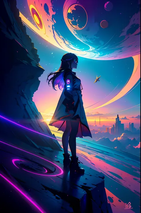 (best quality),anime, a girl standing on a cliff looking at a spiral, cyberpunk art inspired by yuumei, trending on pixiv, space...