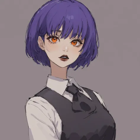 1 girl, anime style, very short hair, hairstyle like a guy&#39;s, dilled hairstyle, purple hair, black eyes, black lips, orange ...