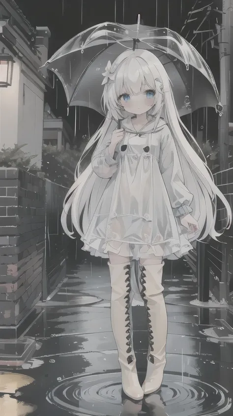 long hair，little girl，loli，blue eyes，rain，street scene，raincoat，Rain boots，holding an umbrella in her hand，