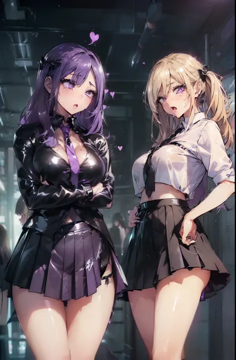 (3 girls:1.8)、standing with legs apart、 1 cute girl, highest quality、ウルトラ - High resolution、High resolution、Detailed CG、8k unit wallpaper、20-year-old、beautiful and detailed eyes,platinum blonde hair、random hairstyle、(((black and purple super shiny latex pa...