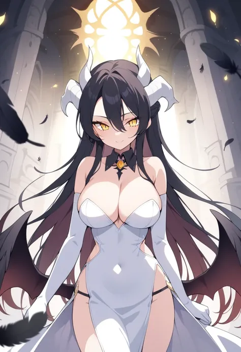 1girl, breasts, solo, horns, long hair, albedo (overlord), wings, large breasts, dress, hip vent, black wings, white gloves, gloves, looking at viewer, black hair, white dress, bare shoulders, hair between eyes, yellow eyes, feathered wings, demon horns, s...