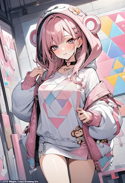 ,beautiful flower々）,mole under eye, heart shaped choker, (masterpiece, highest quality), official art, beautiful and aesthetic: 1.2), (1 girl), very detailed, (geometry art: 1.3), colorful、pink bob hair、monkey hood shirt、mini skirt