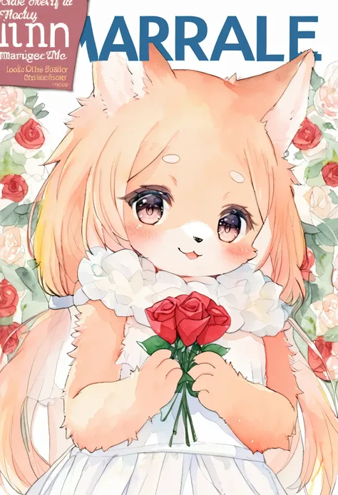 cover page, marriage information magazine, Watercolor elements, 1girl, kemono, furry, detailed body fur, animal face, animal hand, cute girl holding a red rose and looking at viewer,