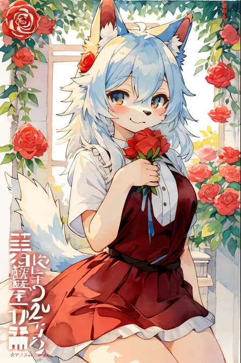 cover page, marriage information magazine, Watercolor elements, 1girl, kemono, furry, detailed body fur, animal face, animal hand, cute girl holding a red rose and looking at viewer,