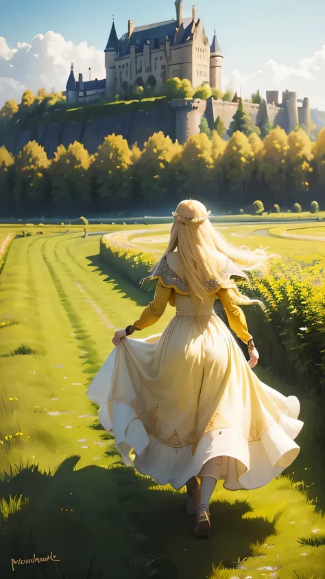 (blond, medieval, princess, running, happily, summer meadow, rear view), oil painting, castle in the background, flowing yellow dress, long flowing hair, golden sunlight, vibrant colors, soft focus, fairytale, joyful expression, delicate features, dreamy a...