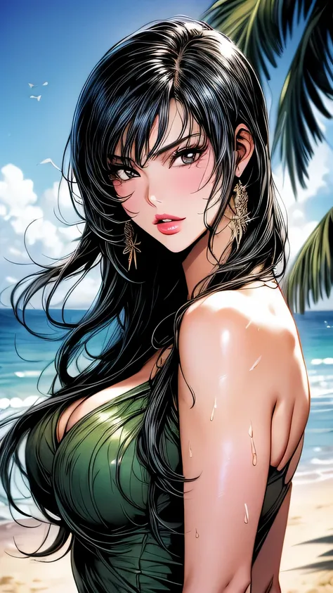 1 girl (master piece:1.2) (detailed:1.2) (highest quality:1.1) (shiny hair) (shiny skin), Nico Robin V2, movie lighting, (wet skin, wet hair, big:1.2), big, (beach, Palm tree), beach, clear water,(blue sky, Cumulonimbus cloud),(Smooth),(hibiscus),laughter,...