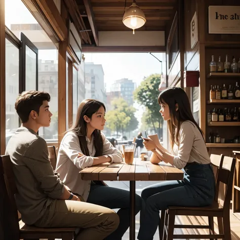 A bustling café interior bathed in warm sunlight, with patrons chatting and enjoying their drinks. In the foreground, a young woman, Emily, sits at a wooden table, a sketchbook open before her. Her pencil hovers over the paper as she gazes across the room,...