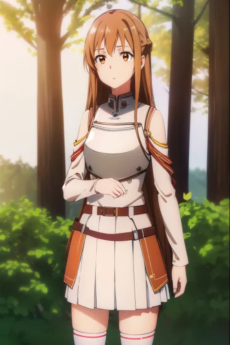 asunayuuki, asuna yuuki, long hair, brown hair, (brown eyes:1.8),
break skirt, Thighhighs, bare shoulders, removed sleeve, armor, white Thighhighs, (breastplate:1.2), red skirt,
break outdoors, nature, forest, sun, null,
break looking at viewer, (cowboy sh...