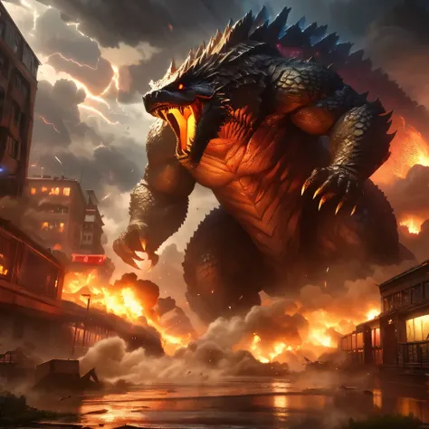 godzilla rampaging through a city, ancient creature, destructive, thunderstorm, thick smoke, disaster scene, massive size, immen...