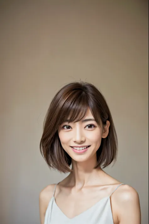 ((Best Quality, 8K, Masterpiece: 1.3)), Super realistic, Skinny Japanese female, 30 years old, 1 Girl, Slim Abs Beauty: 1.3, (Hairstyle Brown Hair Shortcut, Big: 1.2), Dress: 1.1, Super Slender Face, Delicate Eyes, Double Eyelids, Smile, Home, Raw Photo