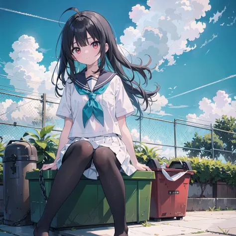 ((masterpiece, best quality)),a girl, solo, skirt, sky, sitting, pantyhose, serafuku, cloud,outdoors, neckerchief ,day, bangs, fence, shirt, ahoge, rooftop, long hair, black pantyhose,black hair, white school uniform, white sailor collar,red eyes, sailor c...