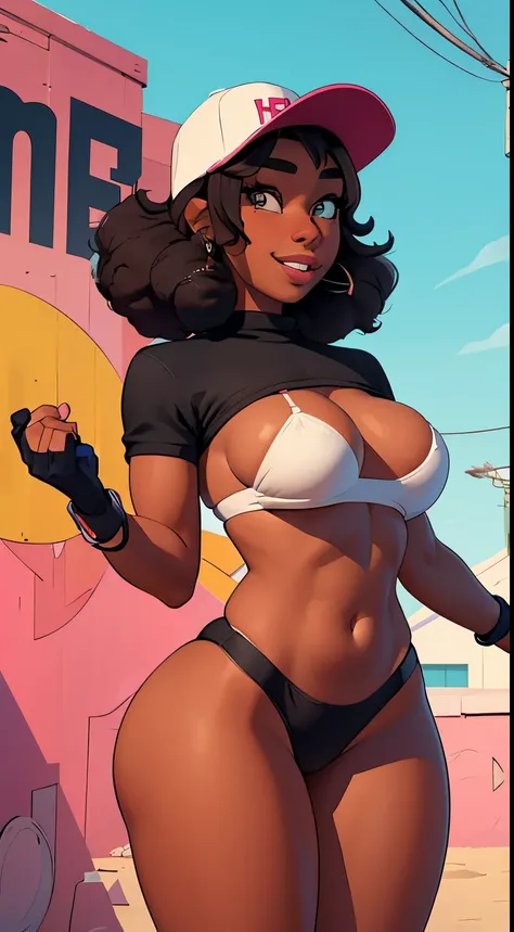 (1girl_17_years_old) ((ebony)) ((black_skin:1.3)) (african girl) smiling_naughty sukeban_slluty_look, (NY_baseball_cap) bikini black_hair blue_eyes blue_headwear blush big_breasts brown_skin covered_ cowboy_shot gradient_background groin hair_between_eyes ...