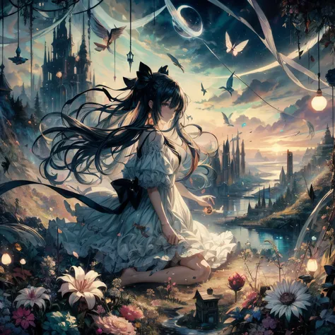 Anime girl in a black dress flying in a spiral vortex, anime fantasy artwork, anime fantasy illustration, anime girl with space hair, epic anime artwork, detailed anime artwork, detailed digital anime art, Swirling Black Magic, dreamy psychedelic anime, An...