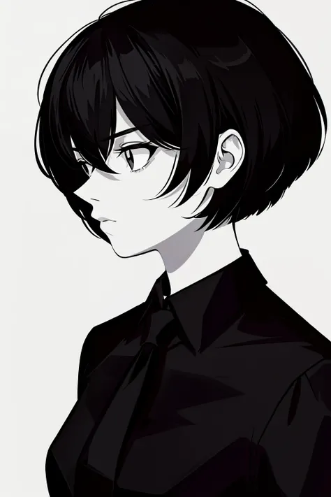 a 1girl, body complet, very detail, a lot of details, very extremely beautiful,  ((masterpiece, minimalism)), (Short Hair Hair), black necktie, (red shirt), Dark colors, looks into the distance