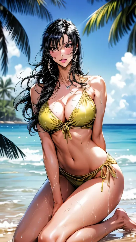 1 girl (master piece:1.2) (detailed:1.2) (highest quality:1.1) (shiny hair) (shiny skin), Nico Robin V2, movie lighting, (wet skin, wet hair, big:1.2), big, (beach, Palm tree), beach, clear water,(blue sky, Cumulonimbus cloud),(Smooth),(hibiscus),laughter,...