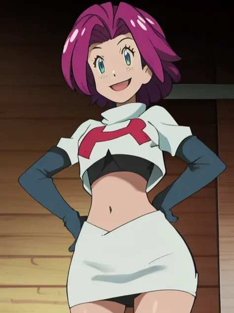 8k, masterpiece,highres, team rocket uniform, red letter r, white skirt,white crop top,black thigh-high boots, black elbow gloves, smiling, looking down at viewer, hands on hips, cowboy shot, zettai ryouiki,from below, black panties,anime style, vivid colo...