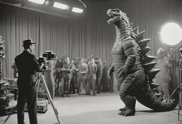 godzilla, 1960s, blac&white, 1960s stylized, filming scene in the studio, a man dressed in a rubber godzilla outfit, a large mod...